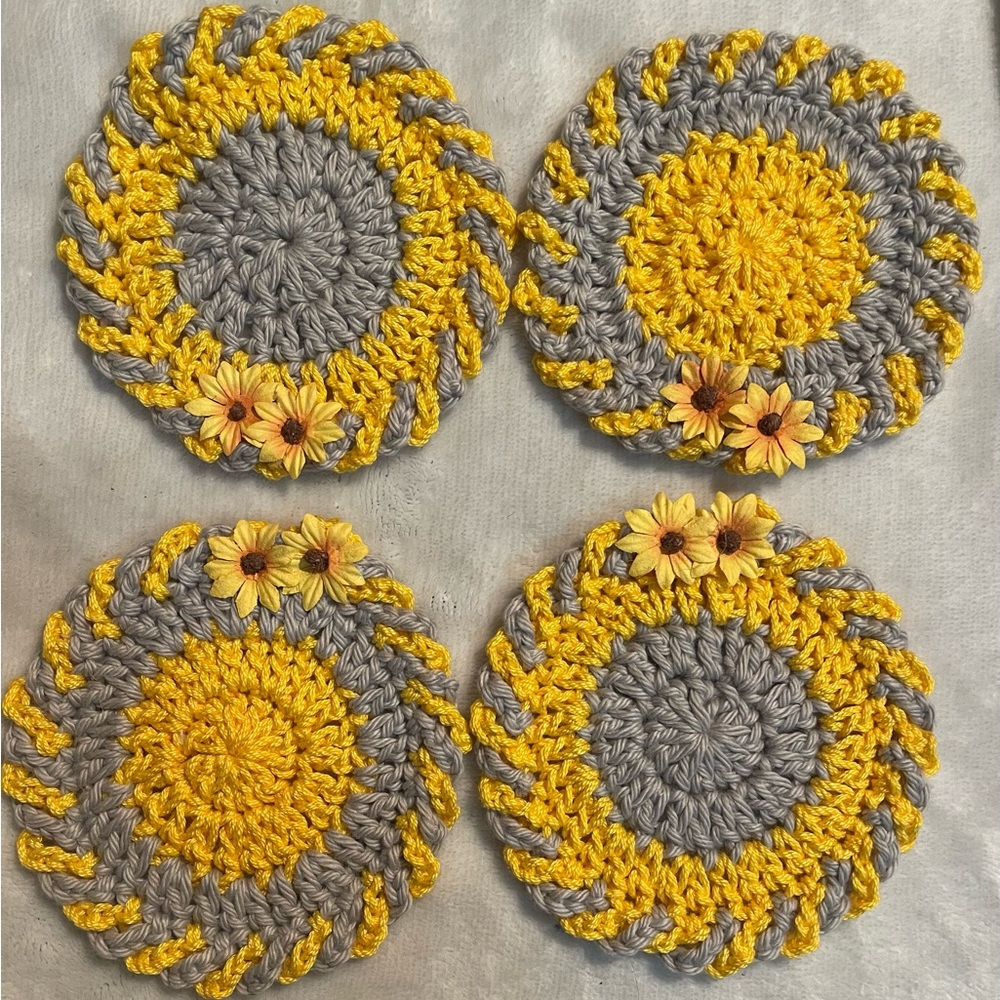 4 Handmade crochet coaster set. Yellow & gray with two flowers attached cottage